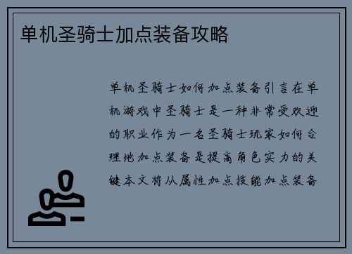 单机圣骑士加点装备攻略